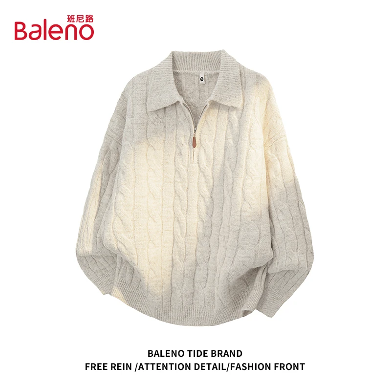 班尼路复古麻花纹半拉链毛衣男士秋冬季美式老钱风内搭保暖针织衫