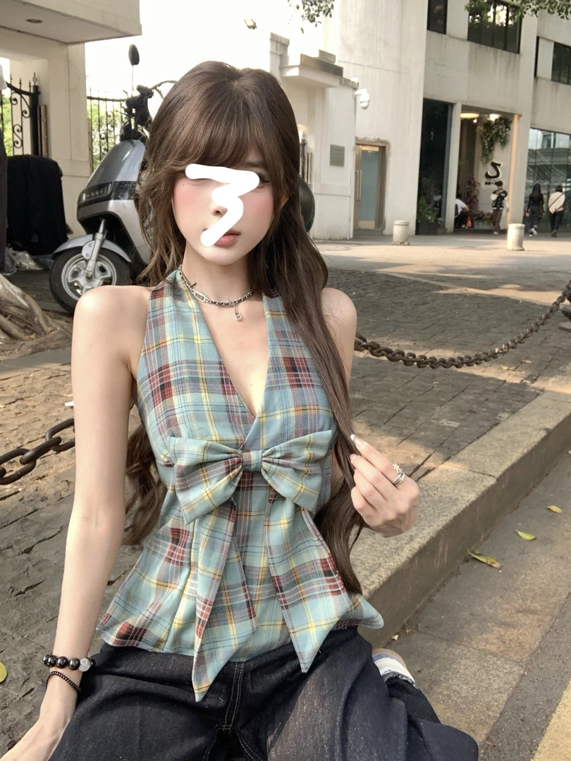 蝴蝶结格纹挂脖背心新款辣妹性感V领无袖收腰显瘦上衣女