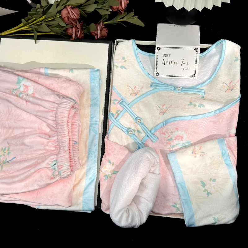 加绒加厚清汉女睡衣新中式海岛绒春秋款格格宫廷风家居服套装冬季