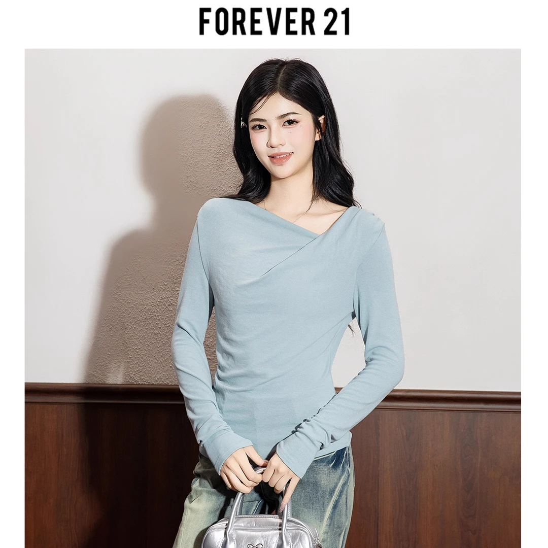 Forever 21纯欲收腰不规则上衣秋季新款百搭修身显瘦针织长袖时尚