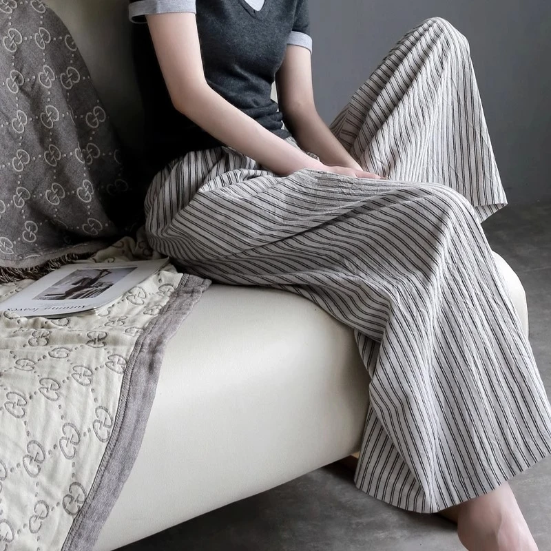 松弛感棉麻条纹阔腿裤女春夏新款慵懒风高腰宽松垂感直筒拖地长裤