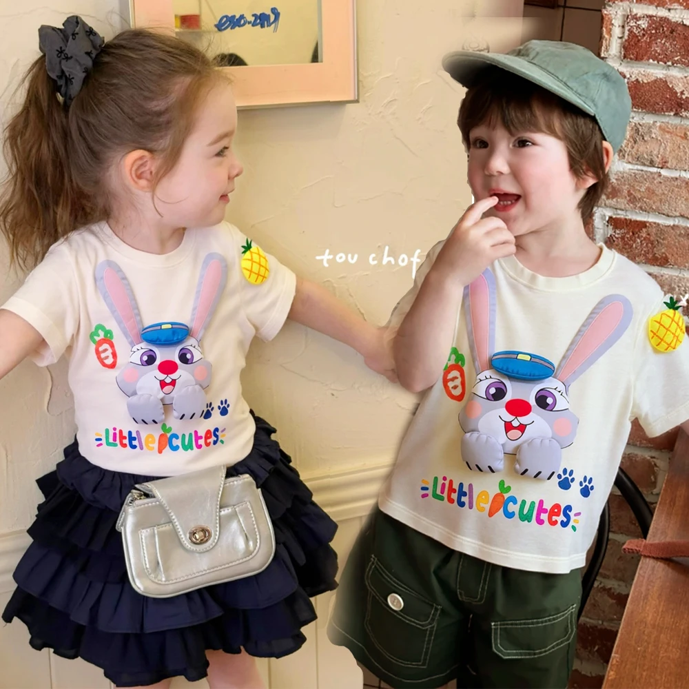 男女童趣可爱立体兔子警官玩偶短袖甜妹女儿短款半袖