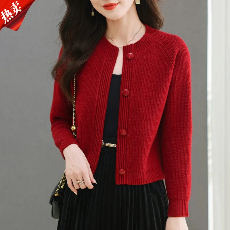 【原版正品】羊毛衫女秋冬短款圆领红色高级感小香风毛衣开衫厚外套