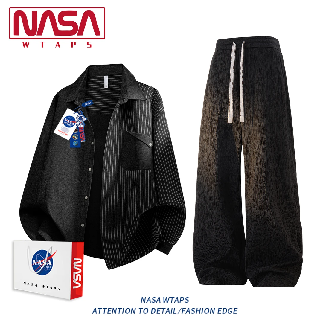 NASA WTAPS美式休闲运动套装男款春秋季新款潮牌衬衫休闲裤两件套