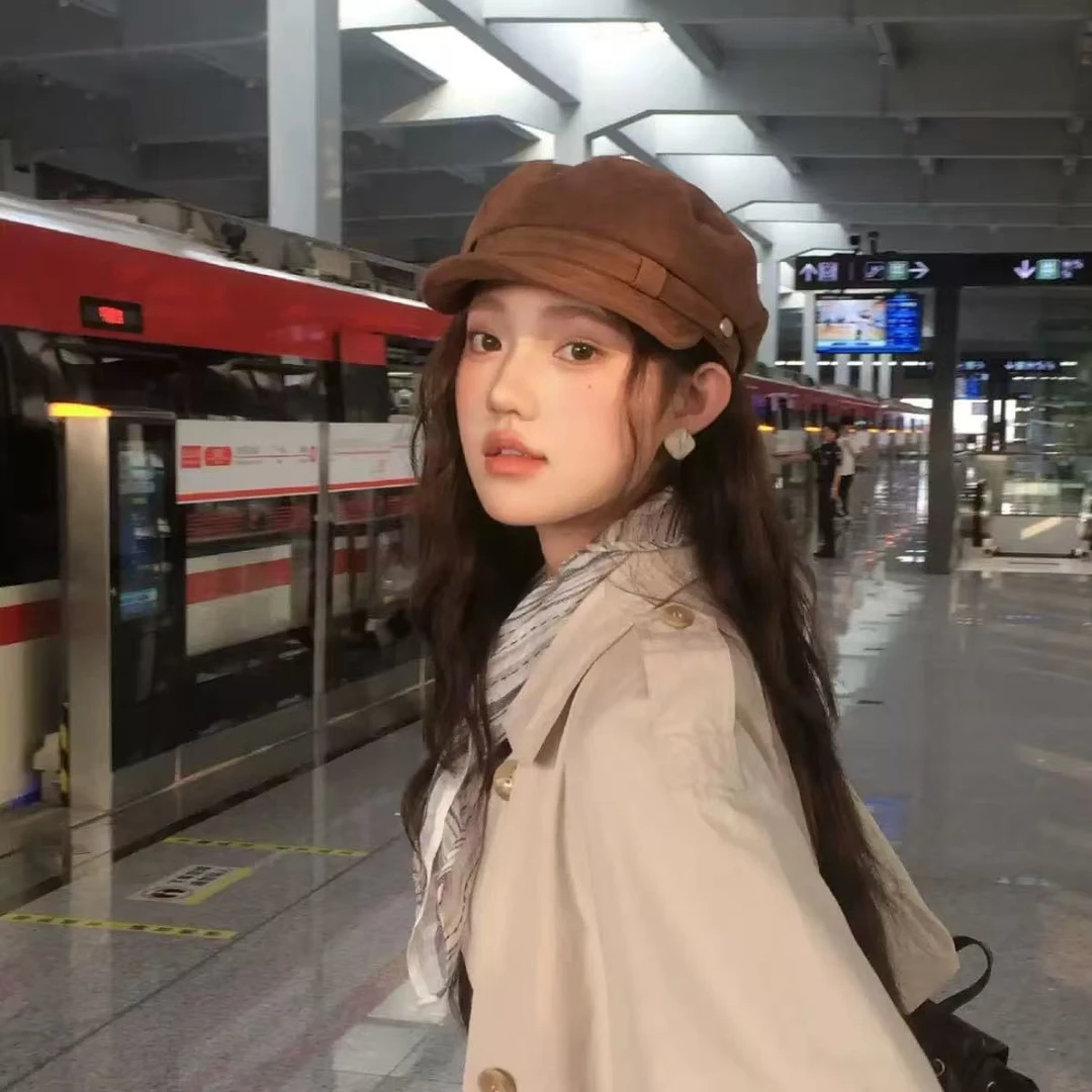 英伦复古海军风韩系时尚画家八角帽高级感帽子女麂皮绒报童贝雷帽