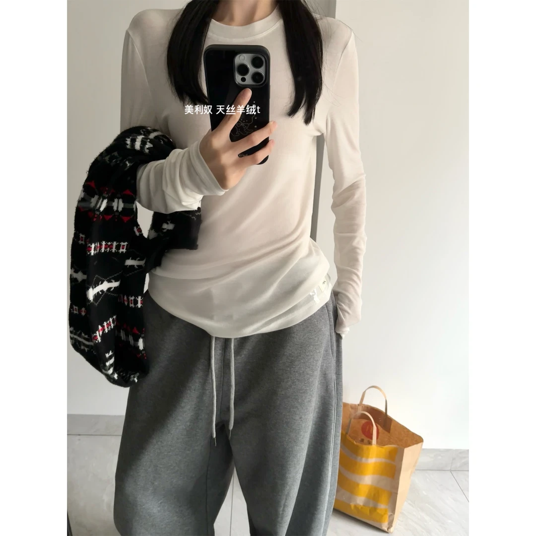魚叁 美利奴羊毛针织衫女秋冬白色修身长袖t恤圆领打底衫内搭上衣