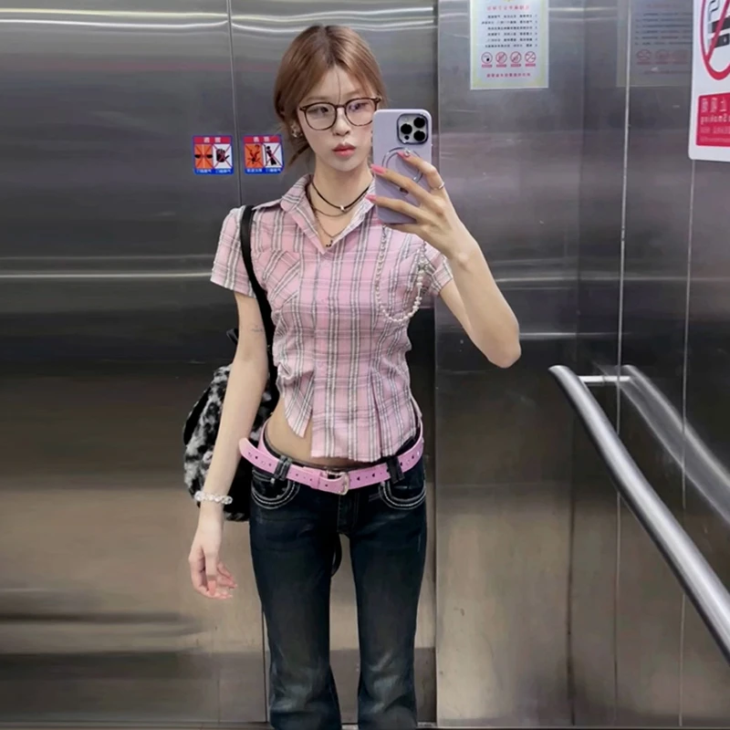 美式复古辣妹格纹短袖衬衫女2025新款夏季设计感修身显瘦气质上衣