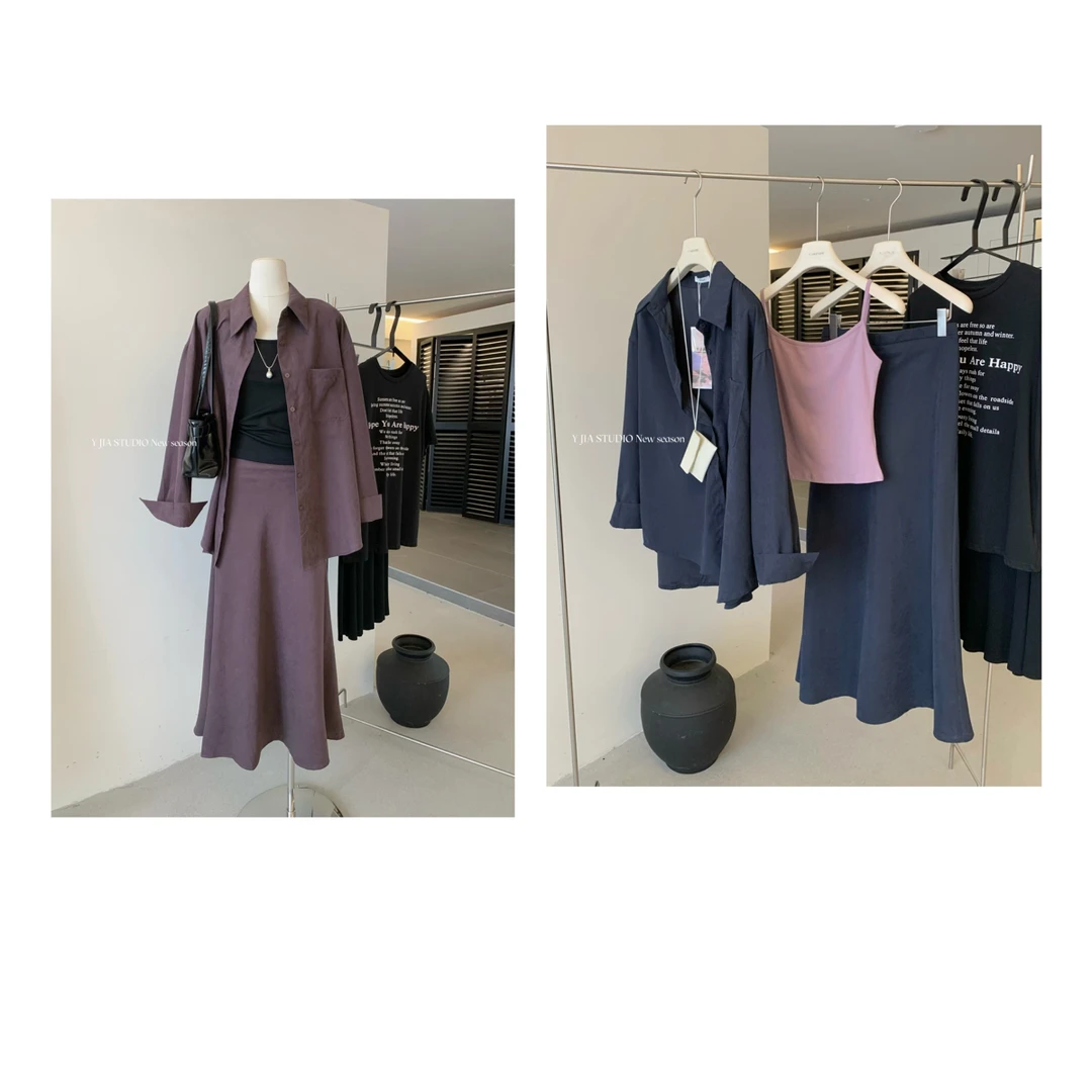 Y.JIA 伊嘉-件套）百搭衬衫+显瘦背心+松紧腰鱼尾半身裙套装