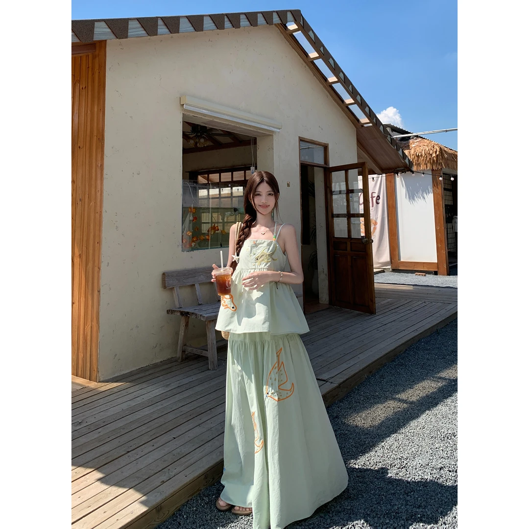 夏季新品重工贴布绣串珠吊带背心小上衣+小众半身裙休闲套装女潮