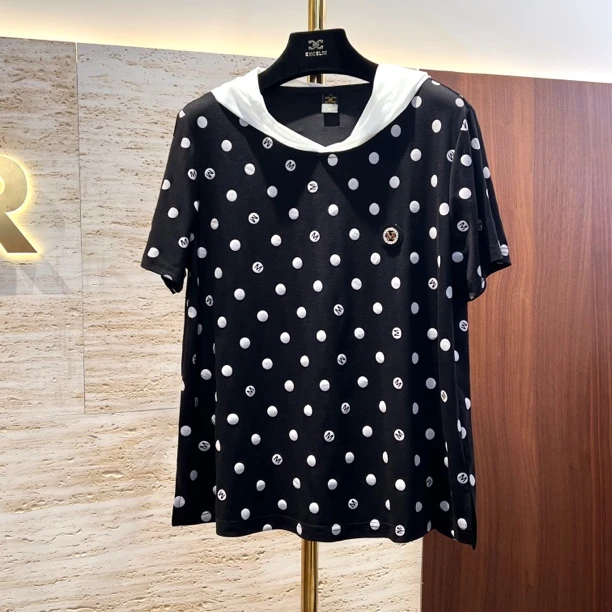 【黑白M中波点帽衫】中长夏季时髦显瘦减龄烫钻连帽短袖T恤女式上衣