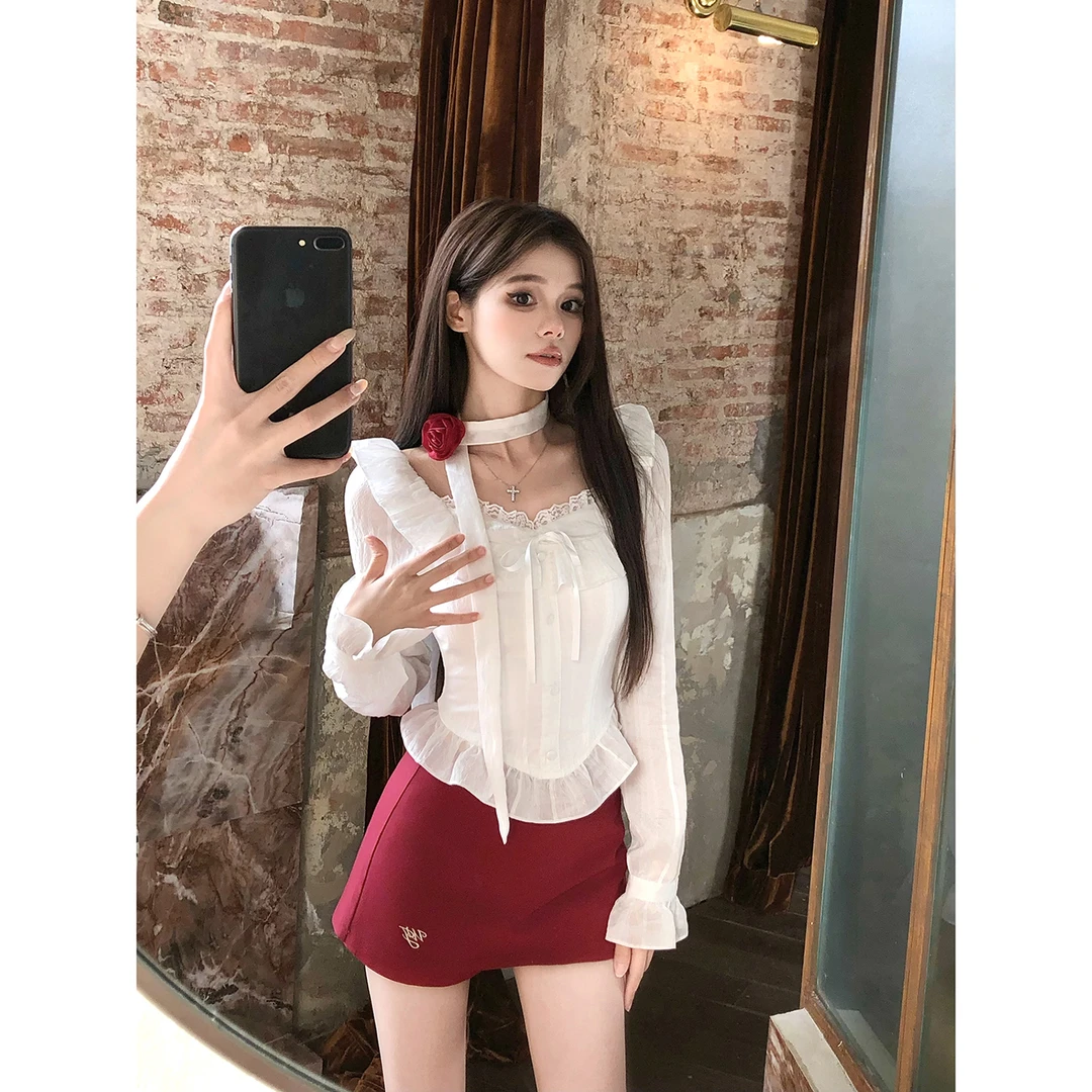画解WAHJU【炽热红玫】蕾丝拼接精致少女感上衣红色短款裙裤9102W