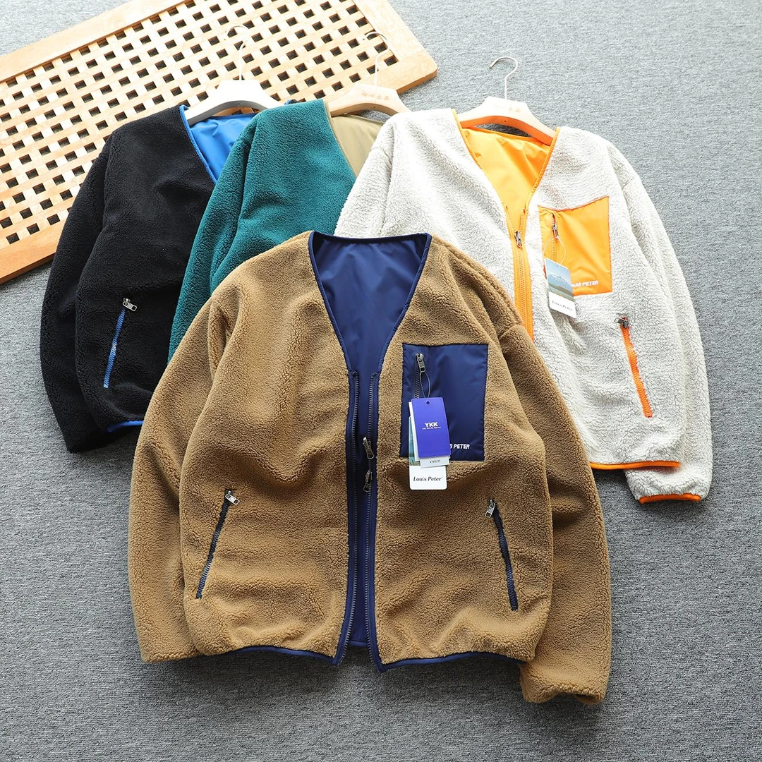 梦泡复古时尚拼色男女无领双面穿摇粒绒加绒加厚保暖夹克外套男装