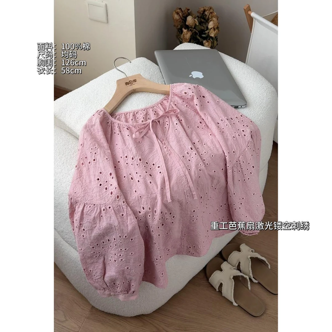P0453-“芭蕉扇”自制25早秋超重工法式氛围感刺绣钩花系带衬衫女