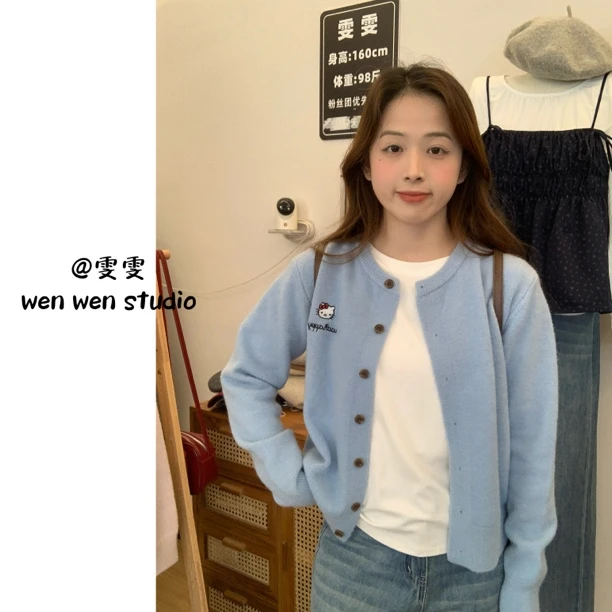 【雯雯】可爱凯蒂猫刺绣圆领毛衣开衫