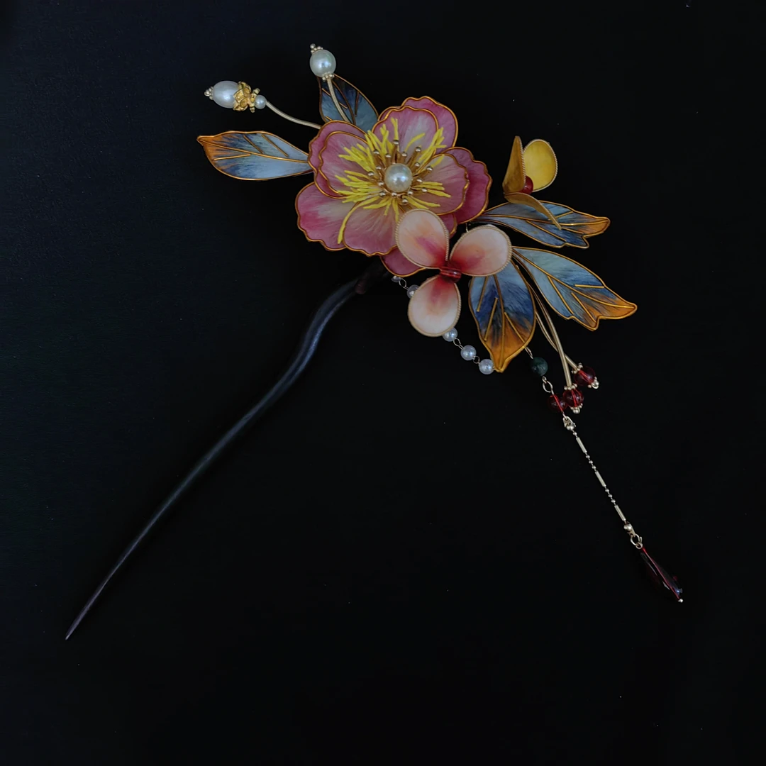【 韵珠芍】南京非遗绒花纯手工制作掐丝绒花芍药黑檀木发簪