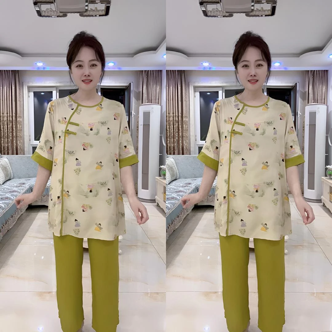 新款时尚新中式睡衣国风棉绸可外穿洋气家居服宽松款式中袖印花