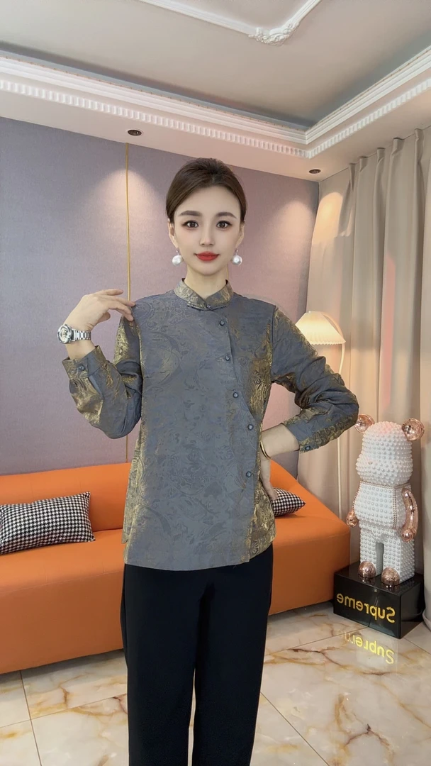 (流光锦)新中式国风复古提花盘扣立领长袖花纹遮肉显瘦衬衫X6070