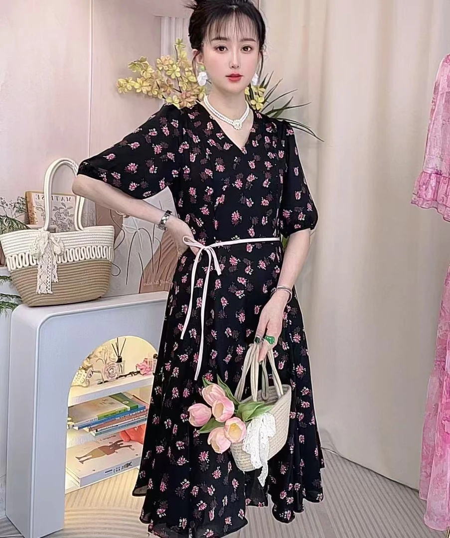 Z001女装连衣裙碎花显瘦夏季中长款裙子