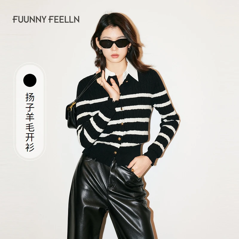 【扬子羊毛衫】FF仿佛冬季新款条纹针织女开衫小个子FI00015