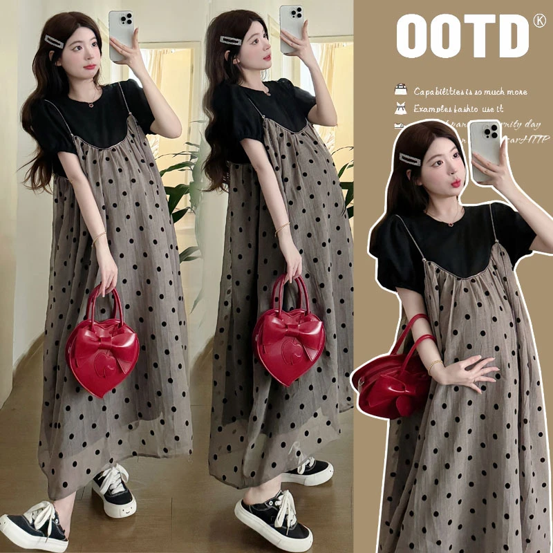 孕妇连衣裙夏装2025新款短袖小香风宽松假两件夏季薄款波点裙子