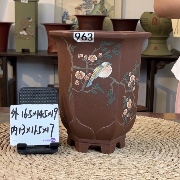 紫砂花盆 放漏特惠紫泥彩绘一路繁花六方963