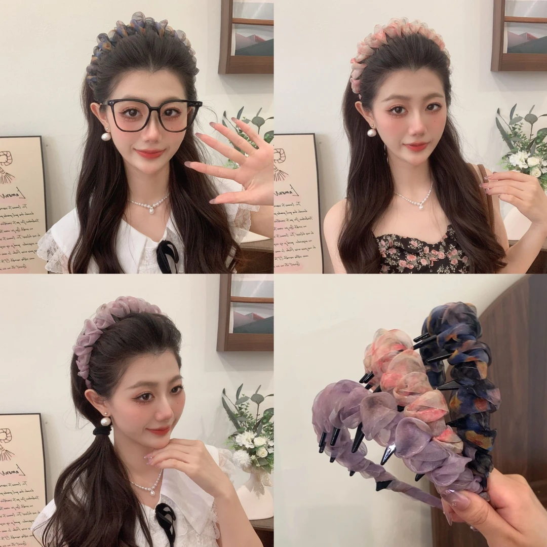 【炫彩渐变】优雅碎花高颅顶夏天头箍超仙褶皱网纱波浪发箍气质发卡