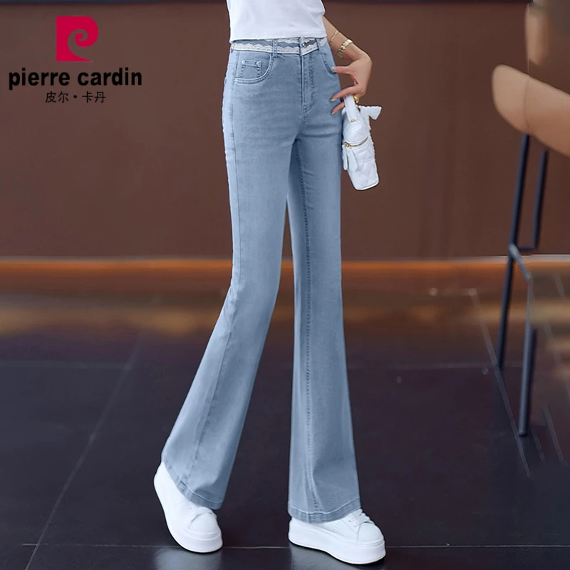 皮尔卡丹浅蓝色微喇牛仔裤女2025年夏季新款百搭修身显瘦弹力垂感