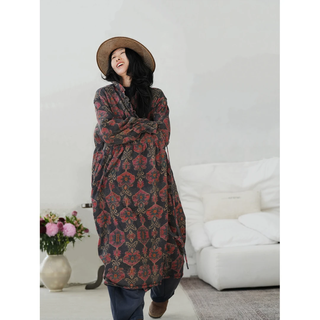 几见 原创设计春款百分棉长衬衣几何印花盘扣袍子女连衣裙WT4313