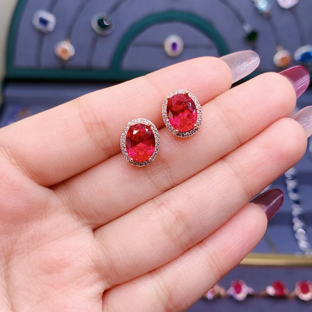 红宝石耳饰银S925镶嵌