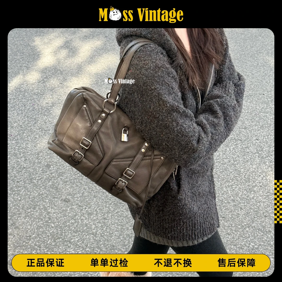 95新 YSL/圣罗兰 MOSS-墨绿色铆钉公文都市丽人休闲单肩包/49392