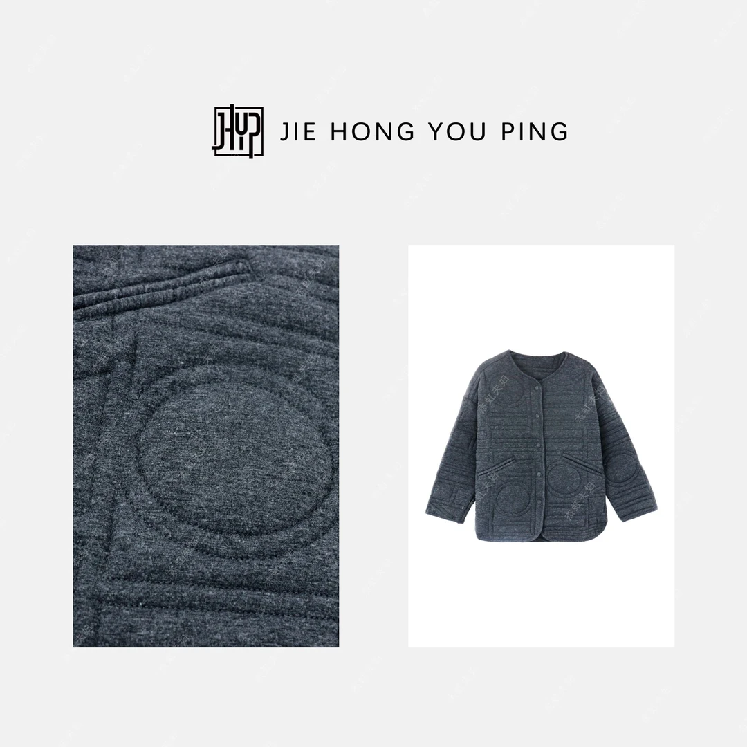 北欧简约格雷系米麻灰色几何纹绗缝廓形圆领夹棉外套女2321