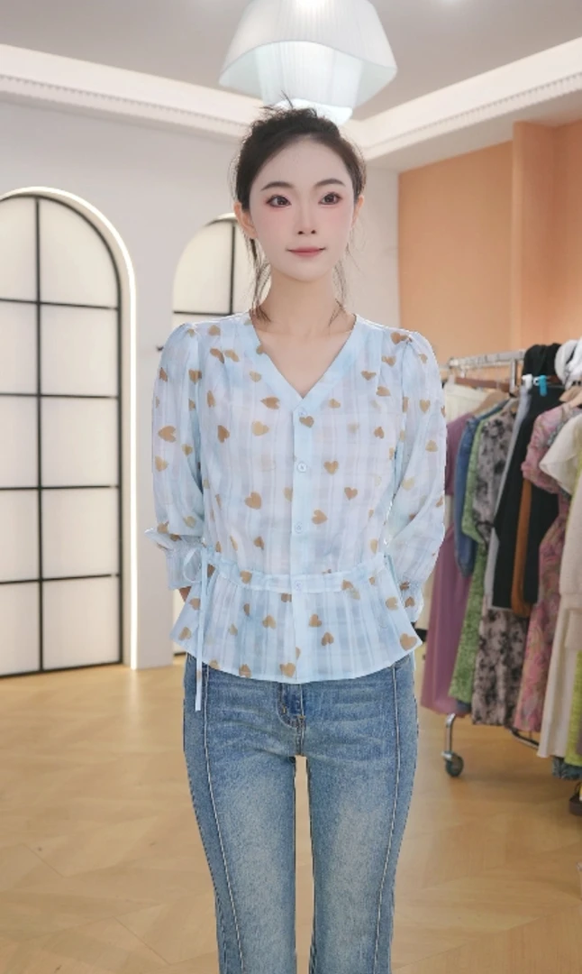 F3009新款时尚V领碎花衬衫轻奢百搭洋气减龄女装上衣