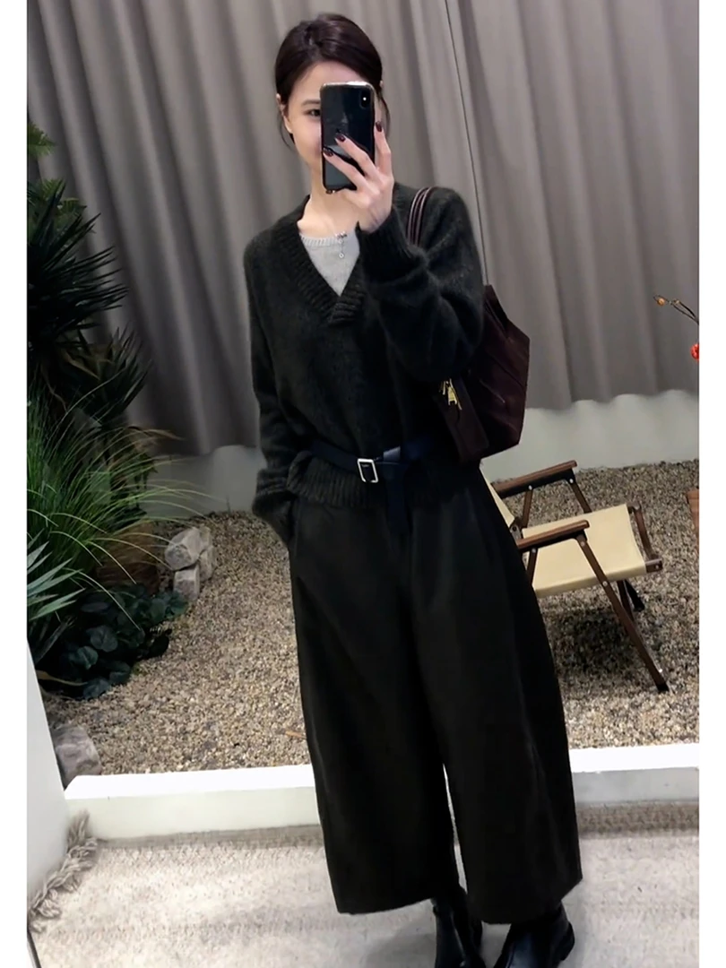 韩系氛围感秋冬上衣高级小众不撞款软糯慵懒风绿色假两件针织衫女