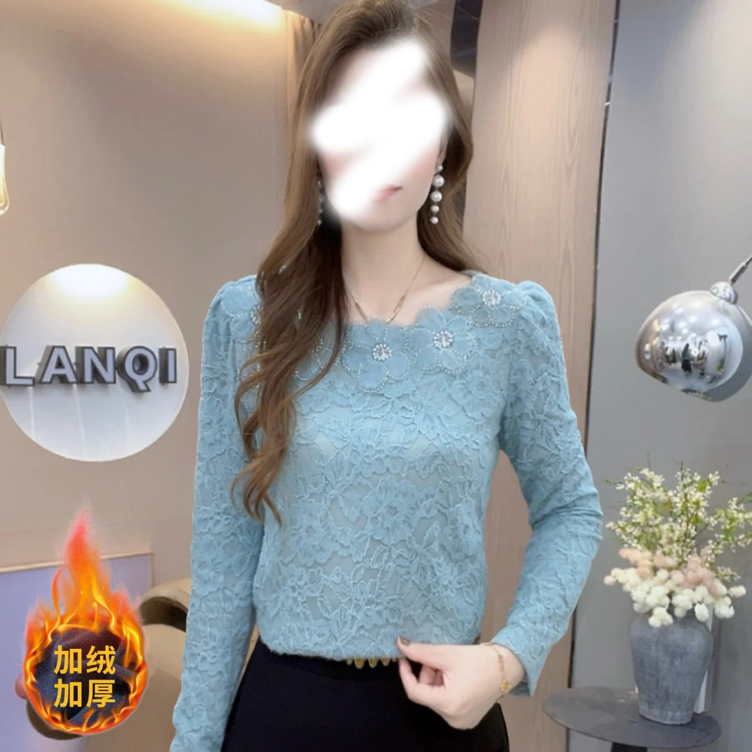 【SuSuqueen】洋气磨毛蕾丝长袖打底冬季新款时尚修身保暖减龄上衣