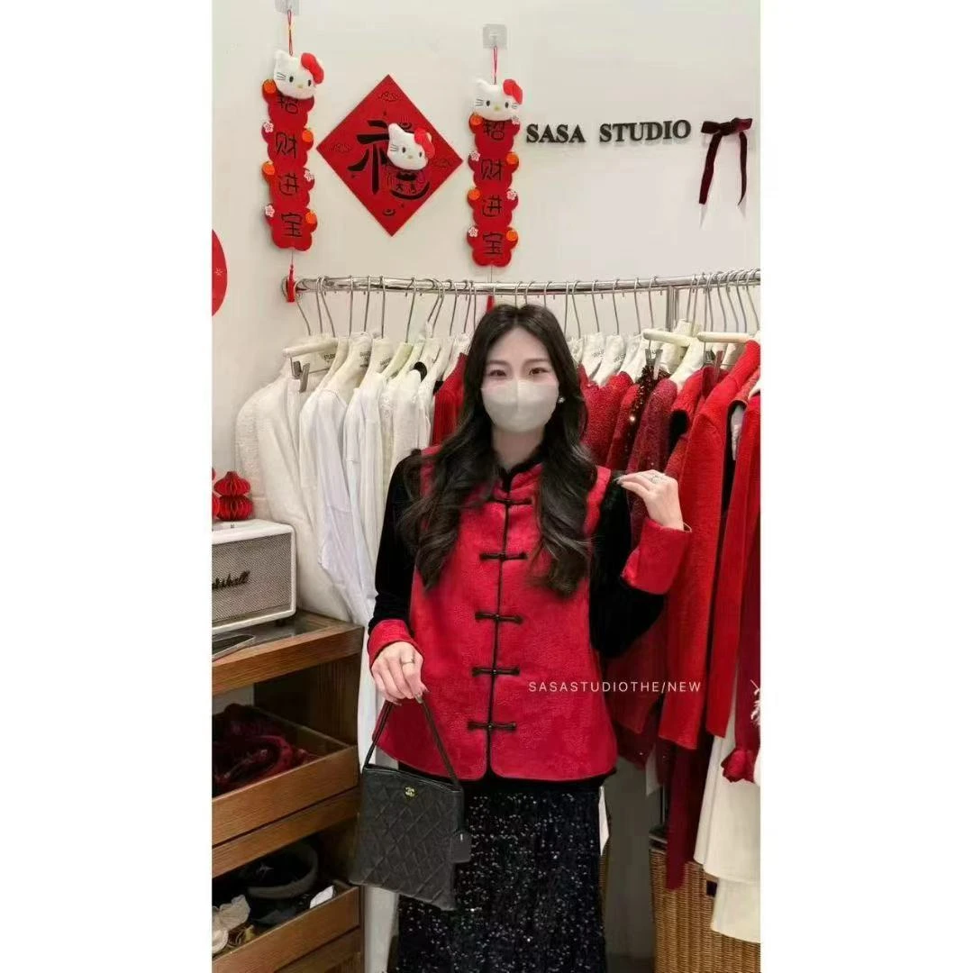 新款时尚洋气胖妹妹新中式打底衫+马甲+亮片半身裙三件套25873