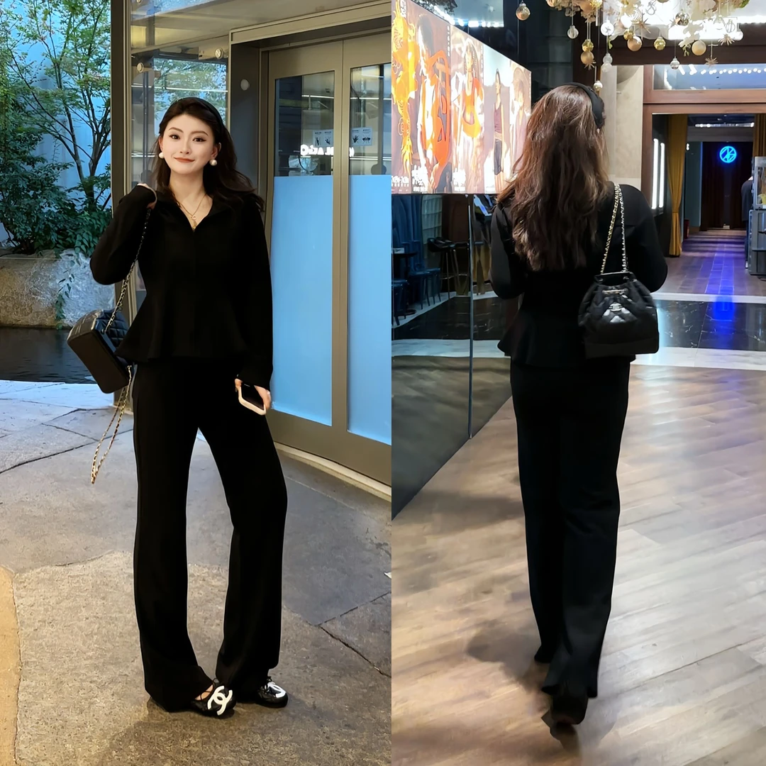 裂渡杨杨【休闲派对】微胖大码女秋收腰ins开衫+休闲裤套装ZY507A46