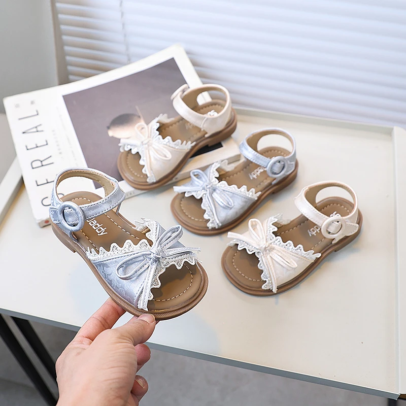 女童皮鞋2025夏季新款花边平底蝴蝶结公主鞋儿童软底凉鞋