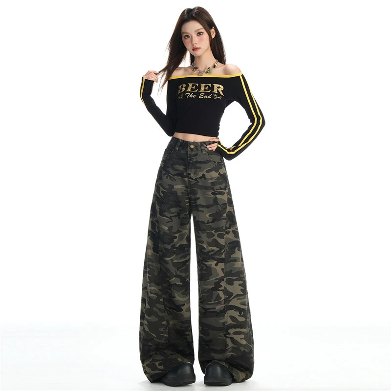 尚诺飞【纯棉】美式迷彩高腰弯刀运动牛仔裤女简约健身拖地裤秋季