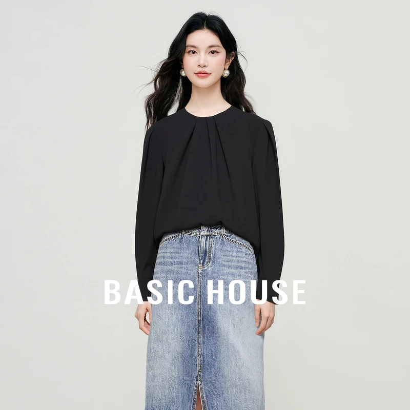 Basic House/百家好简约优雅气质感秋冬新款时尚百搭长袖圆领衬衫