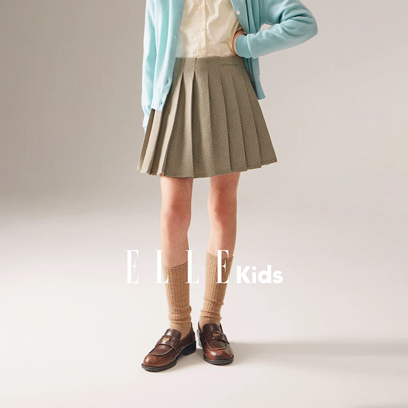 ELLE KIDS 童装复古千鸟格百褶半身裙刺绣时尚法式学院风秋季F3