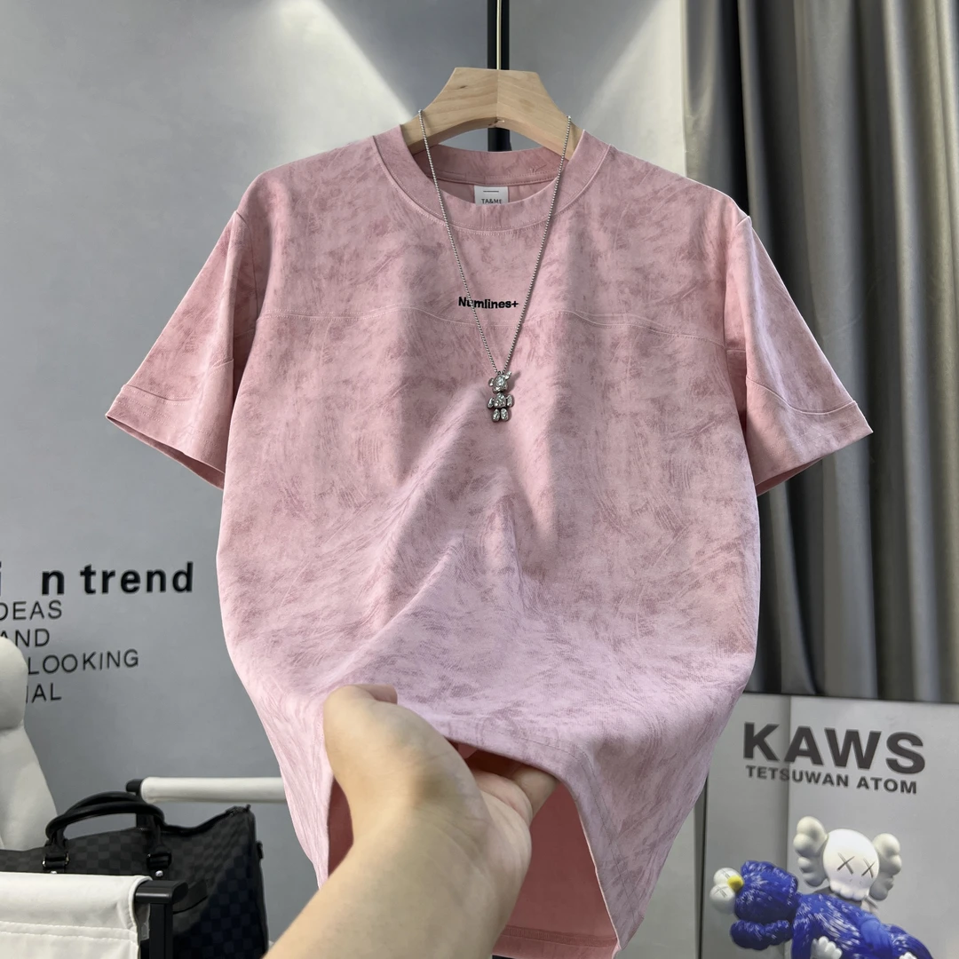 男士2025夏季重工刺绣爆款男时尚扎染休闲百搭拼接短袖T恤【M6015】