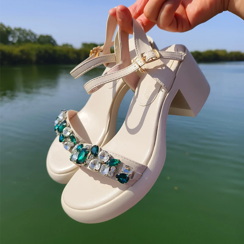 夏季防水台一字带凉鞋女水钻法式露趾百搭软底外穿气质厚底高跟鞋