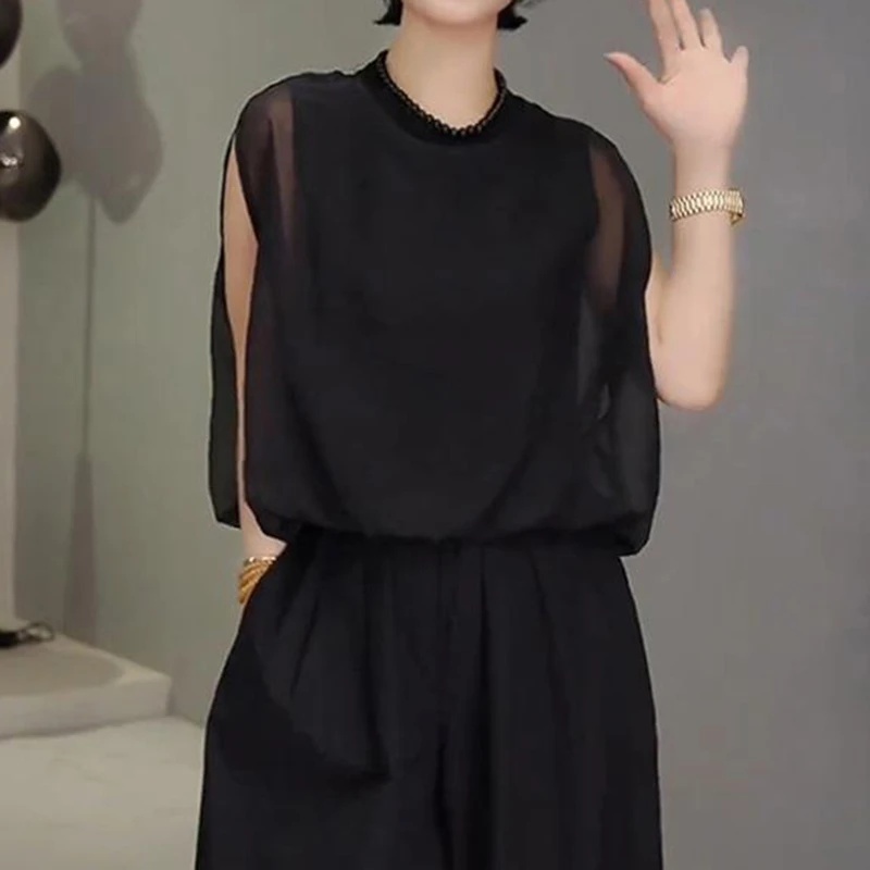 法式圆领宽松无袖衬衫女士夏季新款网纱拼接设计感背心假两件上衣