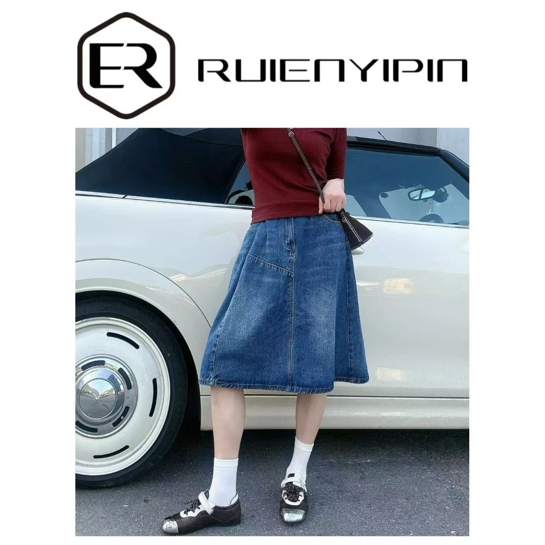 7512#【炫妈】斜线松紧腰牛仔裙 显瘦设计时尚女装