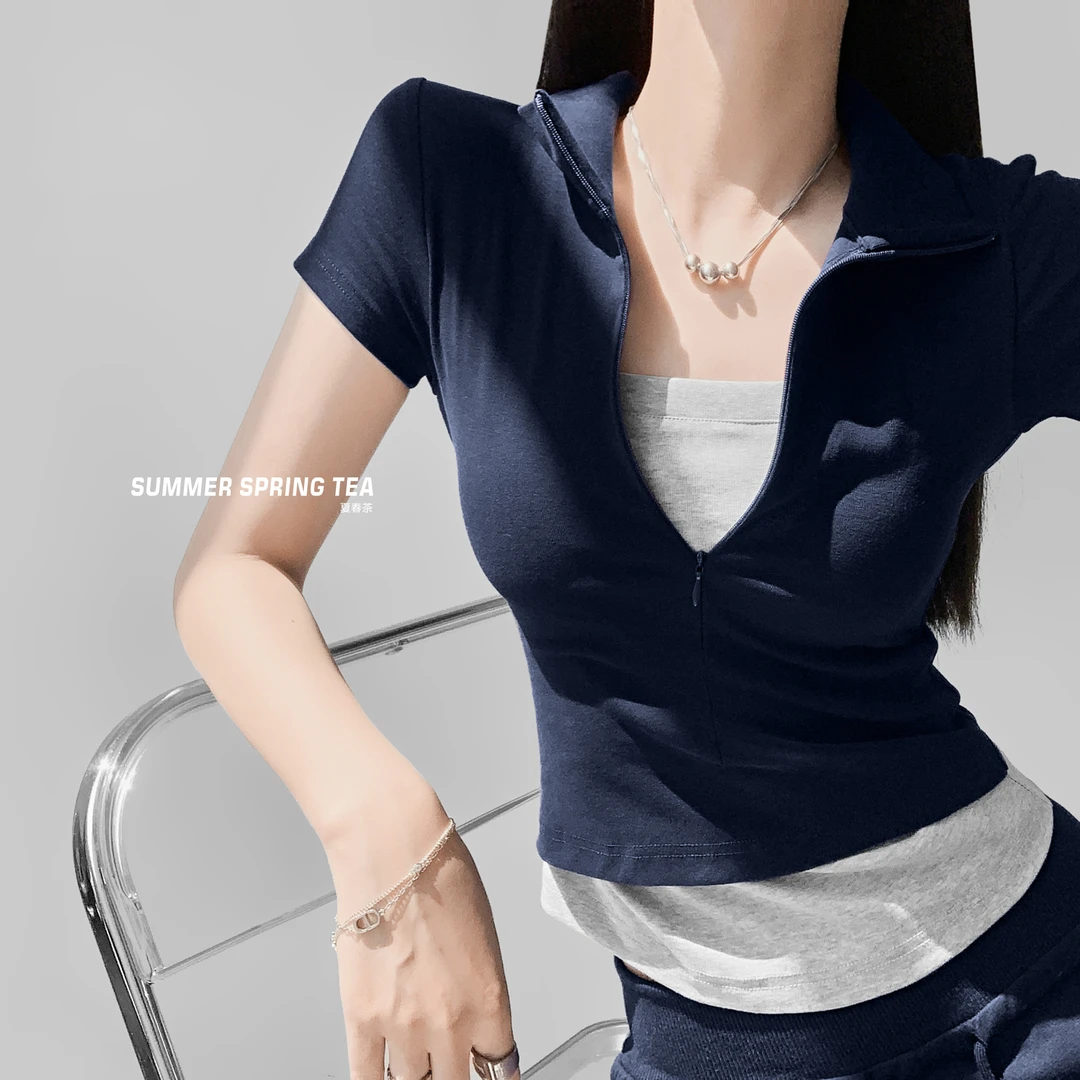 夏春茶美式叠穿假两件上衣女2025夏季新款修身显瘦正肩短袖T恤