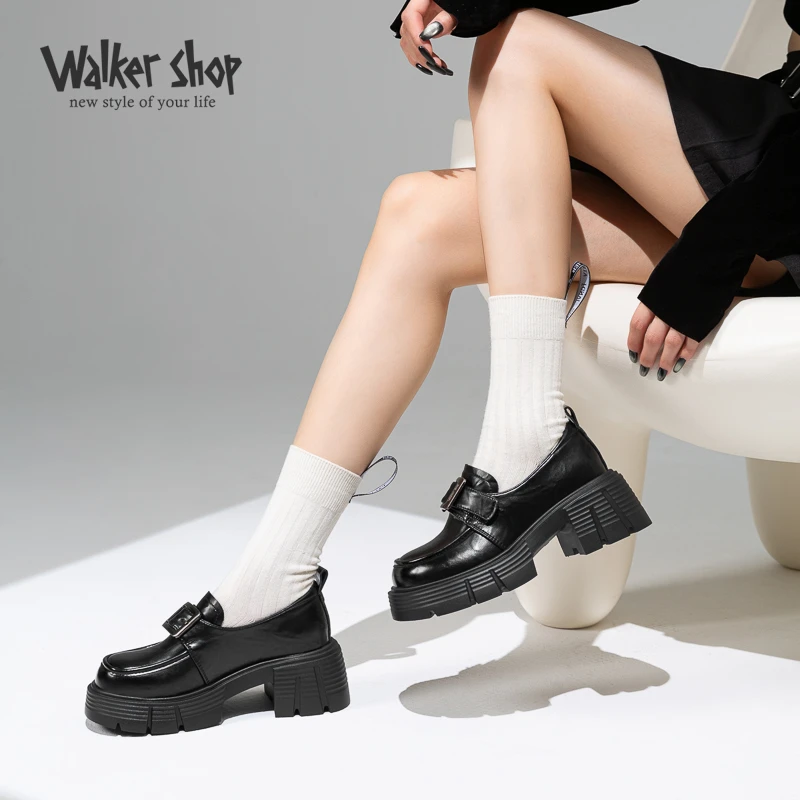 WalkerShop增高学院风黑色厚底轻便女鞋2025秋新款英伦风时尚单鞋