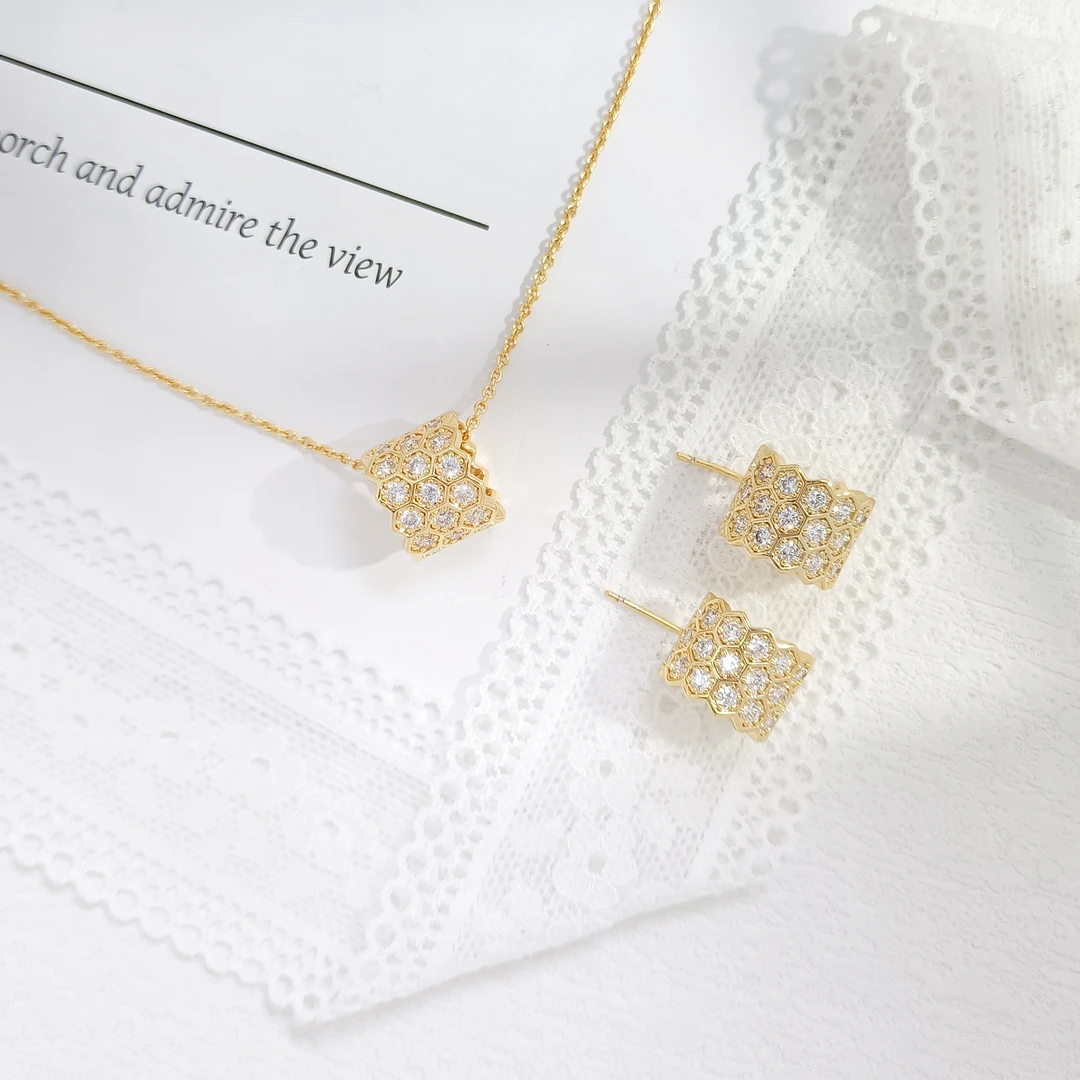 铜合金合成锆石耳饰 JNX-56119  耳饰+项链 套装小众欧美轻奢