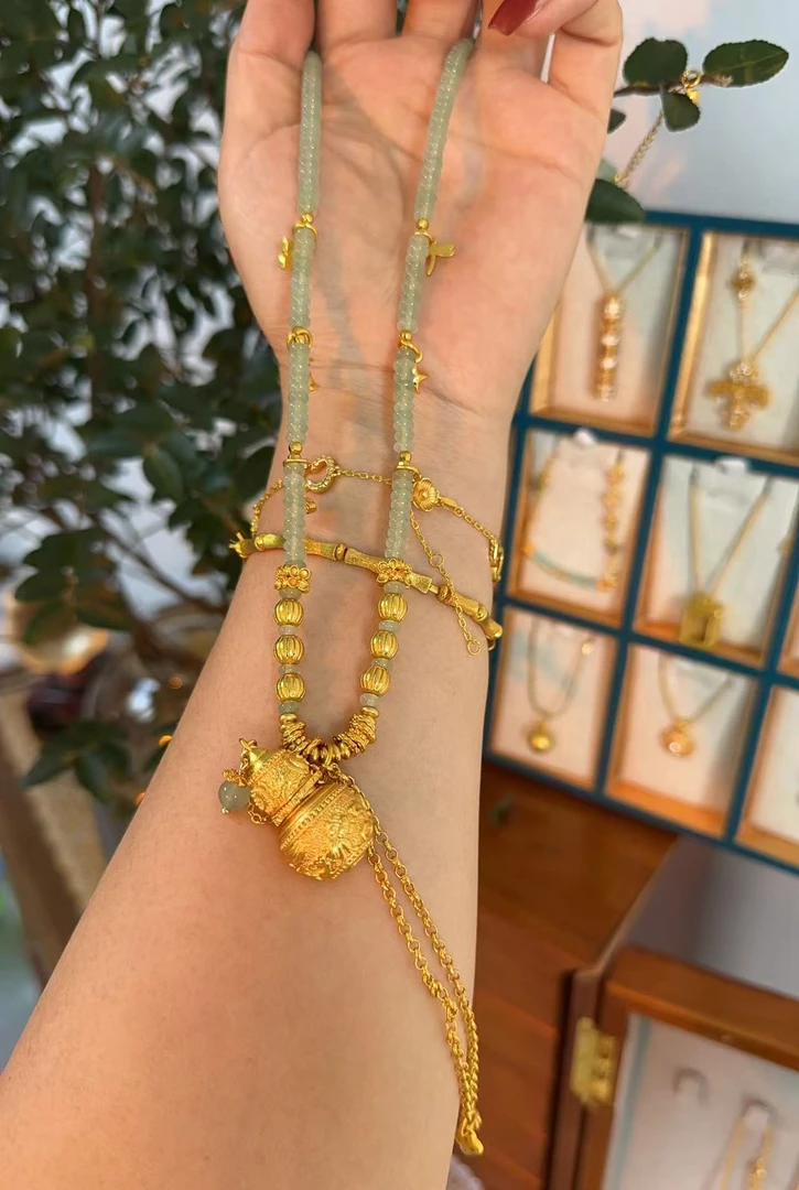 铜合金项链 SQ思岐新中式-莲花葫芦绿珠项链5943