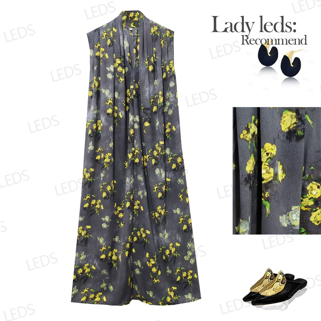 LEDS  1736-2夏季碎花V领休闲轻奢舒适设计师连衣裙