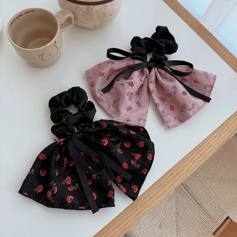 复古玫瑰花花布小肠发圈温柔气质马尾蝴蝶结发绳头花高级感发头绳